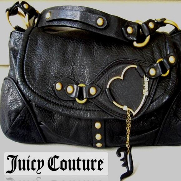 Juicy Couture Handbags - RARE Y2K Juicy Couture Black Leather Hand Bag Heart Crystal